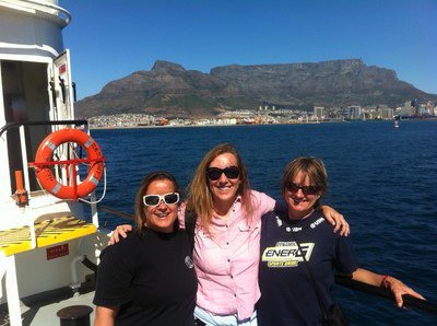 Tammy Morris, Juliet Hermes and Beate Holscher onboard the Algoa as she leaves on the inaugural ASCA cruise